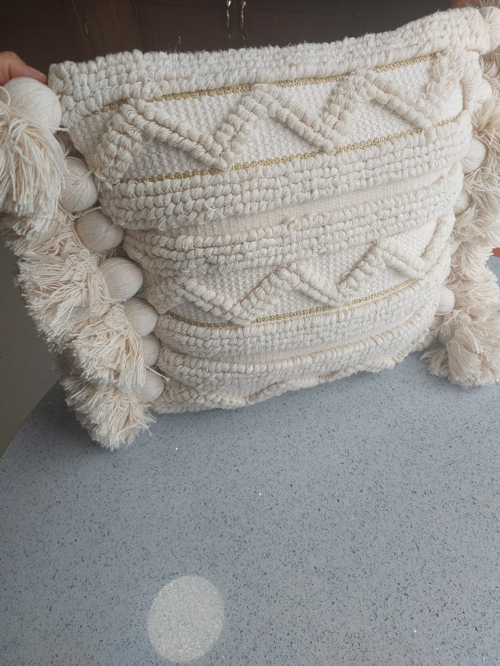 Boho Textured Tassel Throw Pillow - Cream 16×16 Inch